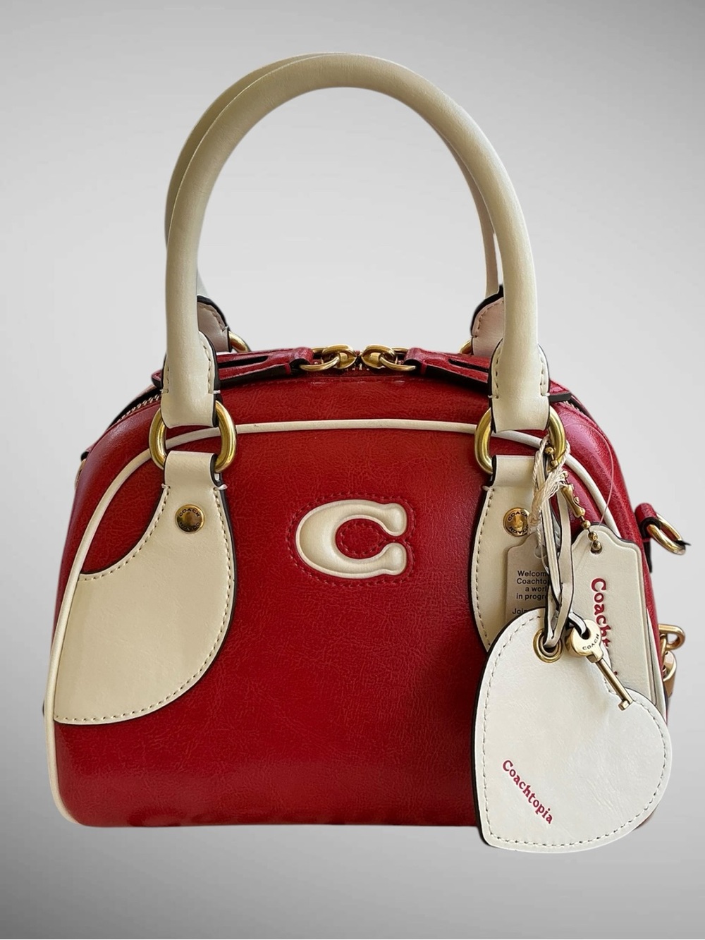 Coachtopia Bowling Top Handle Bag Red & White Coach CDU48 NWT